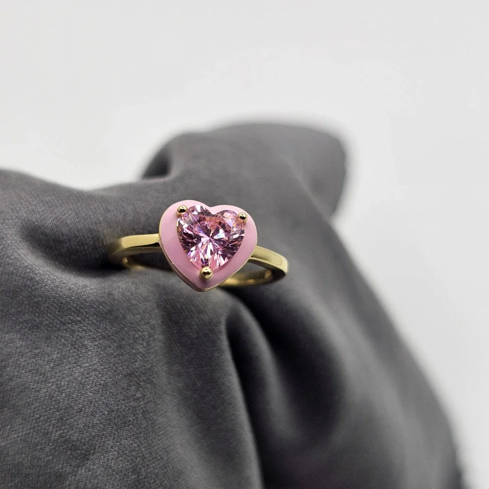 Rachel Glauber Heart Stacking Ring Women 14k Gold Plated Pink CZ Enamel Gold 4